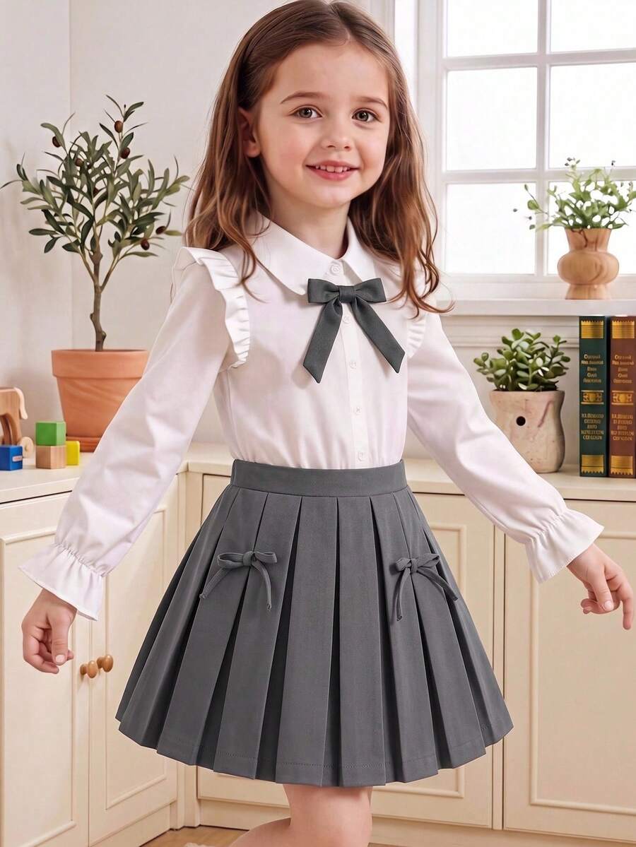 Young Girl Fashionable Versatile Woven Solid Color Pleated Fitted Casual Skirt - Grey - View 1