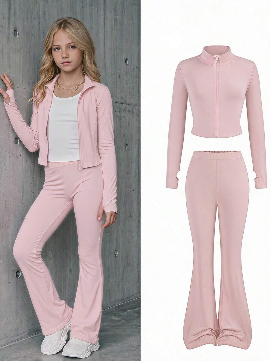 SHEIN مجموعة NovaGlow للفتيات المراهقات، جاكيت رياضي محبوك بلون موحد وبنطال واسع، وردي مغبر، ملابس علوية للخريف، للمدرسة وخارج الحرم الجامعي - وردي - مشاهدة 1