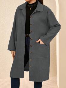 EMERY ROSE Plus Size Country Outfits Women Corduroy Double Pocket Button Placket Midi Coatan,Fall Women Clothes - Grey - View 3