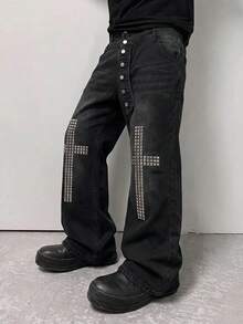 ROMWE MEN Men's Washed Rhinestone Decorated Metal Button Fashion Flare Pants - Black - View 1