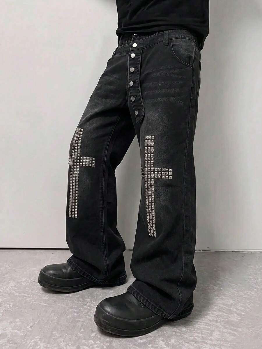 ROMWE MEN Men's Washed Rhinestone Decorated Metal Button Fashion Flare Pants - Black - View 1