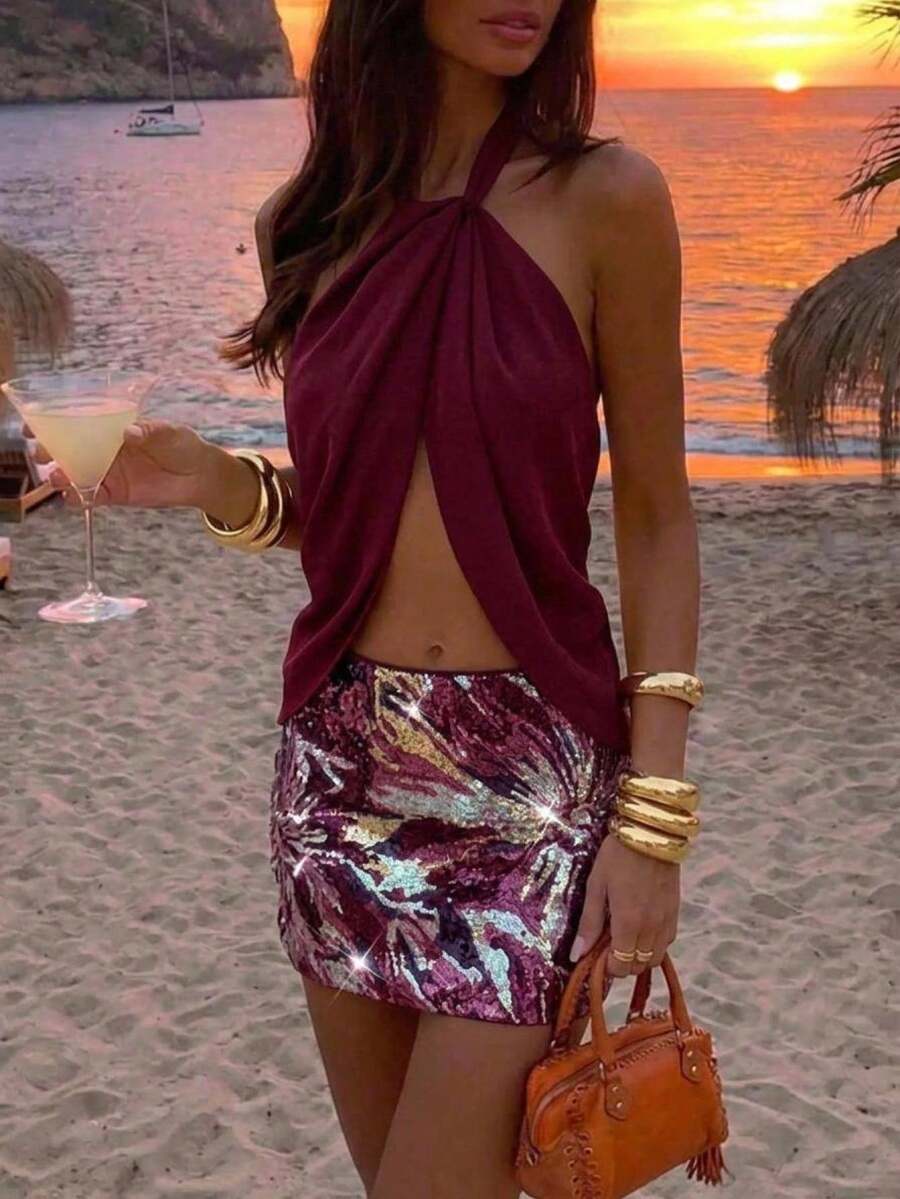 Aloruh Sexy Ruched Hollow Halter Neck Tie Top And Sequin Skirt Party Set
