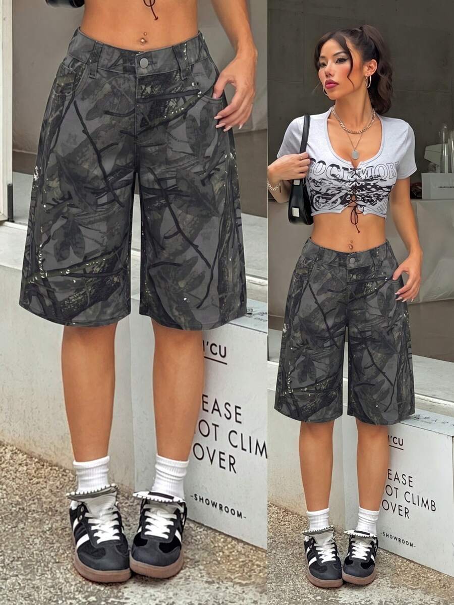 SHEIN PETITE 女款性感低腰迷彩牛仔短褲 - 彩色 - 查看 1