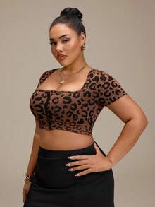 SHEIN Rhythm Era Women's Plus Size Leopard Print Zip-Front Everyday Fitness Sports Bra - Brown - View 4