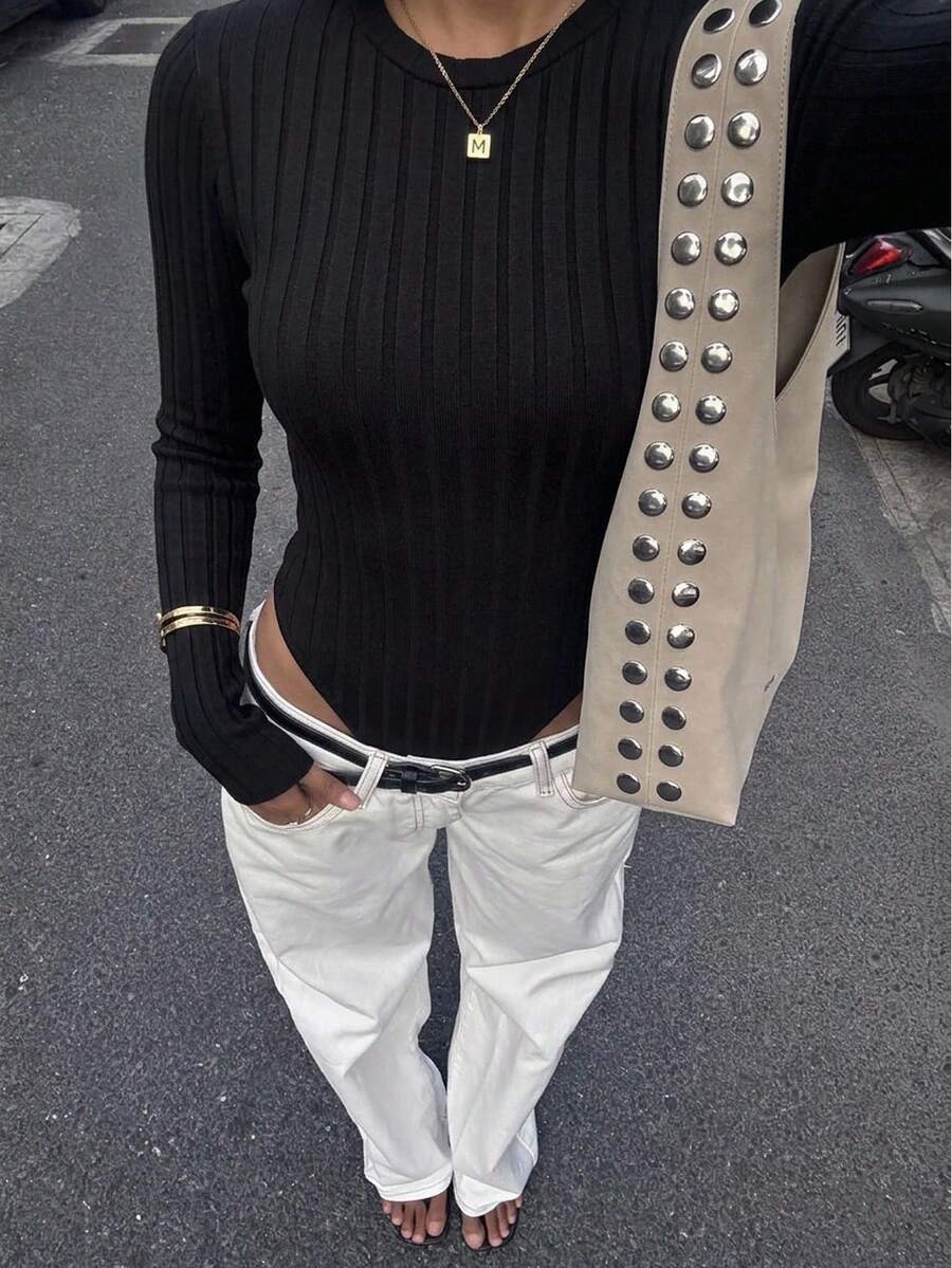 Siren Gaze Solid Ribbed Knit Bodysuit Elegant Black Summer Black - Black - View 1