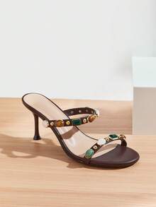 SHUZIA Sandal Wanita Minimalis Mewah dengan Hak Sedang 2,75 inci, Ujung Bulat, Sol Dalam Empuk, Tali Berhiaskan Manik-manik Permata, dan Bahan Kulit Imitasi Halus Warna Kopi – Bersih, Serbaguna & Elegan Tanpa Ribet - Coffee Brown - View 5
