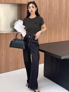 DAZY 女款純色愛心刺繡短袖T恤 夏季商務休閒學院風上衣 日常白天穿著 黑色 - 深灰色 - 查看 5