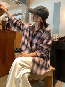 DAZY Blus Lengan Panjang Motif Kotak-kotak Gaya Korea untuk Wanita, Kaos Grafis Musim Gugur - Berwarna merah muda - View 8