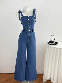 Mori Grove Mori Grove Women's Vacation Bowknot Knot Button Front Multi-Pocket Fashion Blue Denim Jumpsuit Travel Summer Casual - Medium Wash - View 6