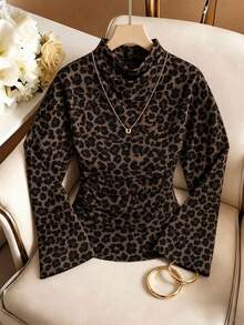 Firerie Leopard Print Long Sleeve Shirt With Adjustable Pleated Collar, Asymmetric Hem And Side Pleat Design, Suitable For Year-Round Wear And Versatile Use - Multicolor - View 2
