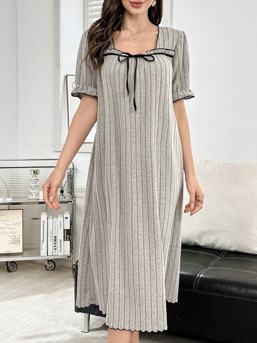 SHEIN Square Neck Color Block Bowknot Front Casual Dress Loungewear For Women - Apricot - View 1