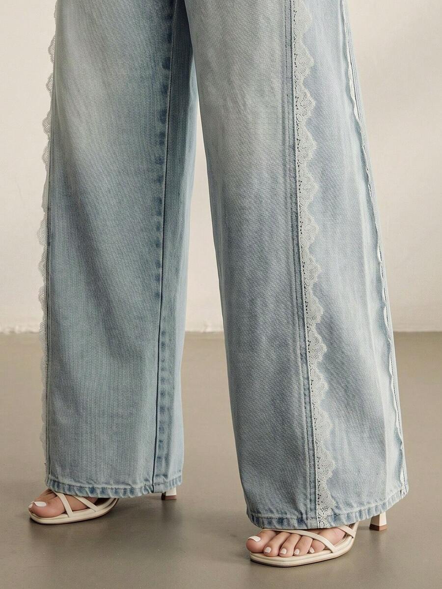 Anewsta Plus Size Women's Light Blue Fashion Lace Trim Denim Jeans Date Night Formal Summer Casual Elegant - Blue - View 1