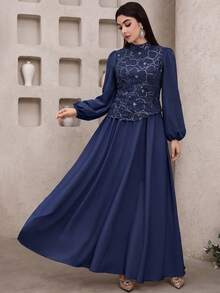 Feyla 女款網紗珠飾刺繡 2 合 1 不對稱下擺百褶長袖洋裝 - 藏蓝色 - 查看 4