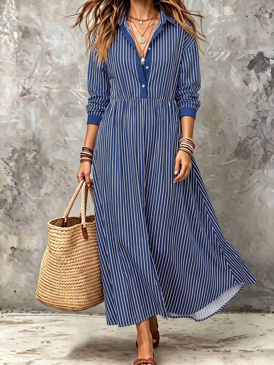Linhara CURVE Plus Size Woven Striped Elegant Autumn Long Dress Fall - Blue - View 1