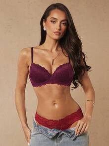 Silquee 1 buah Bra Berkawat Motif Bunga Renda untuk Wanita - Purple - View 4