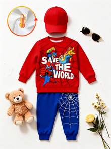 SHEIN 1 Random Set,Baby Boys Superhero Spider Web Print Color Block Sweatshirt Set Fall Cute Red Blue Letter Ribbed Cuffs Long Sleeve School Outfits - Multicolor - View 2
