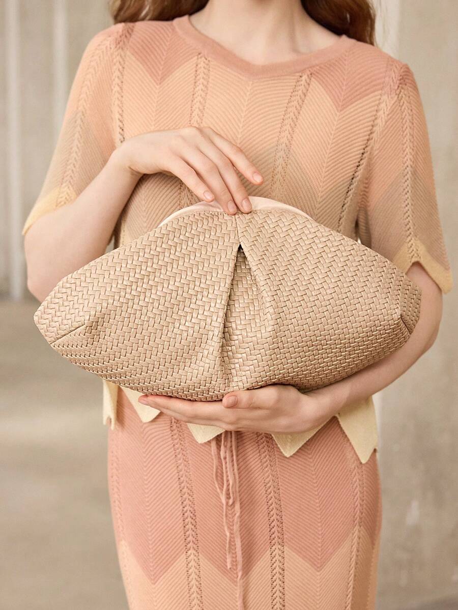 MOTF WOMEN'S FASHION PLEATED CLUTCH BAG, EXQUISITE SIMPLE APRICOT WOVEN PU BAG, FOR DAILY, DATING, VACATION, SHOPPING, COMMUTING - Apricot - View 1