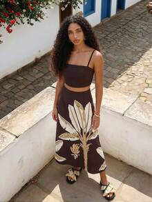 CAJUNI Chic Vacation Embroidery Golden Palm Tree Top And Skirt Coord - Brown - View 7