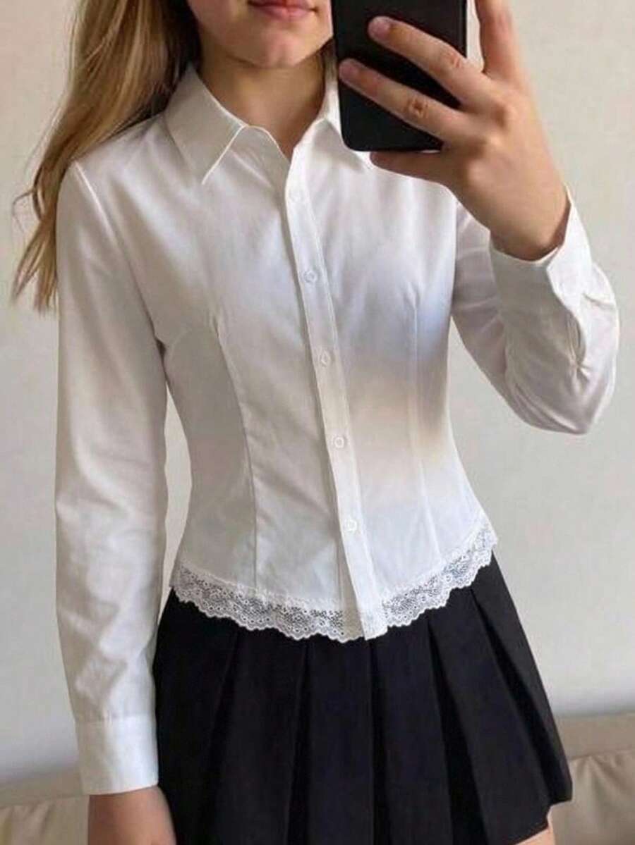SHEIN Tween女孩白色襯衫,Polo領,收腰蕾絲拼接上衣,正式場合,層次穿搭,外套,休閒,百搭 - 白色 - 查看 1