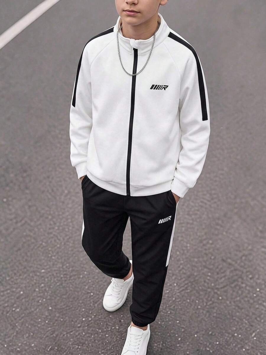 SHEIN 青少年男孩休閒運動字母圖案寬鬆版型全開襟立領運動外套與慢跑褲2件套，適合秋冬休閒運動風