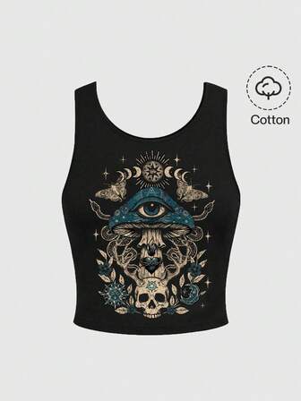Goth Damen Pilz Muster Lässig Vielseitig Alltag Top