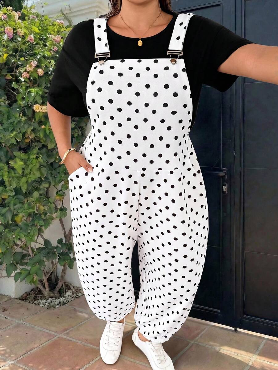 GalTyme Plus Size Autumn/Winter Polka Dot Print Elastic Waist Pocket Loose Overalls - Black and White - View 1