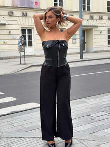 Jeta Ari Fashion Zipper Decorated Asymmetrical Pu Tube Top  Black Fall - Black - View 3