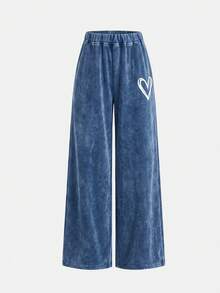 Teen Girls Heart Pattern Blue Knit Denim Loose T-Shirt & Pants 2pcs Set - Blue - View 6