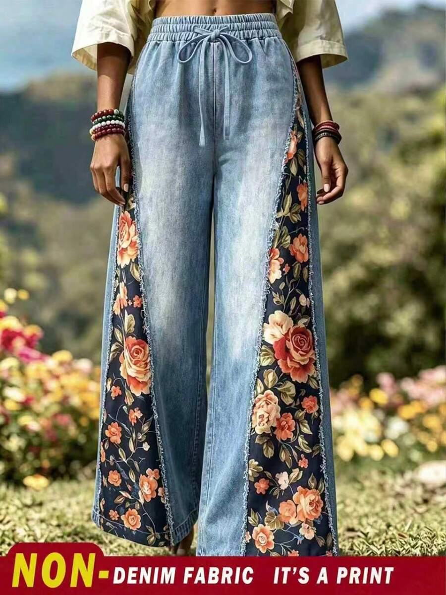 Selamara Celana Jogging Longgar Wanita Warna Biru Muda dengan Efek Denim dan Motif Patchwork, Cocok untuk Liburan Musim Panas, Gaya Boho. - Putih - View 1