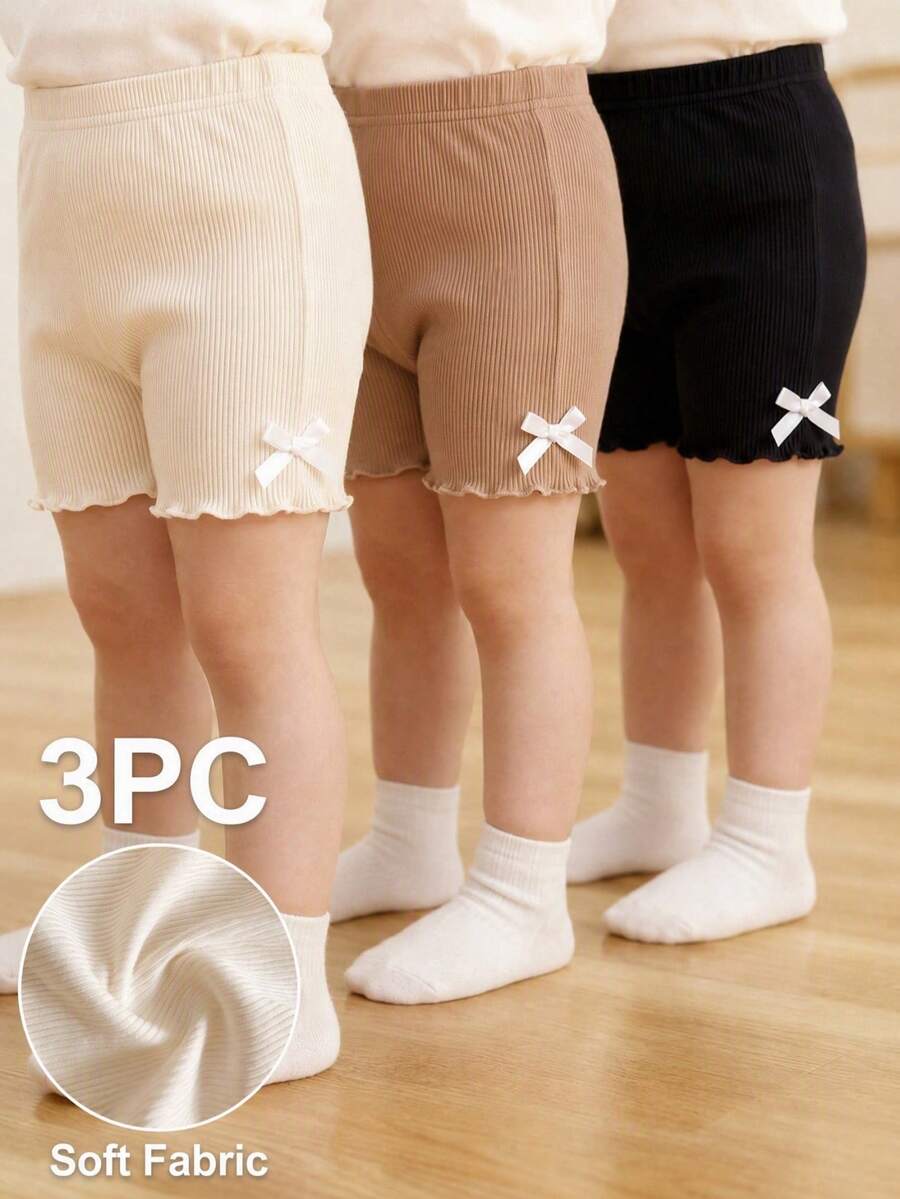 SHEIN Vintaside Kids 3件套女嬰夏季服飾 回校季 6個月-3歲 休閒極簡風 白色 黑色 棕色 羅紋紋理 蝴蝶結 波浪邊 鬆緊腰彈性短褲 舒適柔軟 通勤適宜 春夏出遊 禮物首選 - 彩色 - 查看 1