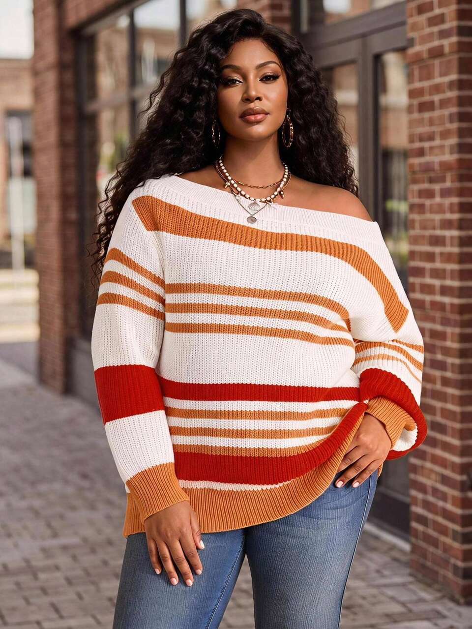Plus Size Women's Knit White Boat Neck Long Sleeve Lantern Sleeve Pullover Sweater Casual 1950s Vintage 2000s Going Out Vacation Daily Autumn Fashion