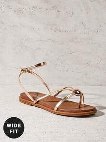 VACAZURE Women   Round Toe Wide&Cushioned Footbed Metal-Ball Decor Toe-Post Ankle Strap Metallic Pu Gold Flat Sandals – Chic, Clean & Comfortable - Gold - View 1