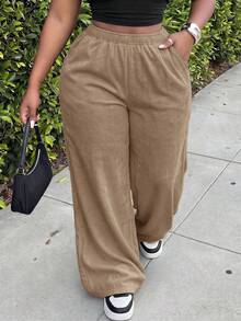 Slaydiva Plus Size Casual Versatile Solid Color Loose Pants Fall - Khaki - View 5