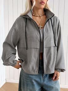 SHEIN EZwear 女款休閒百搭格紋高領連帽夾克，標準版型復古學院運動風 - 摩卡棕 - 查看 6