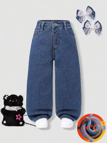 SHEIN 少女牛仔寬腿褲，深藍色水洗牛仔，厚實面料內加絨，基礎休閒極簡學院風，開學穿搭推薦，彈性腰頭舒適穿著，鈕扣門襟方便穿脫，寬鬆版型舒適，適合外出、購物、與朋友休閒聚會，秋冬百搭單品 - 深色水洗藍 - 查看 7
