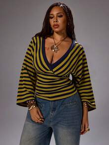 Rustia Plus Size Autumn/Winter Casual Colorful Striped V-Neck Long Sleeve T-Shirt Fall - Multicolor - View 3