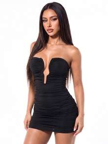 SHEIN ICON Fitted Cutout Neckline Metal Trim Strapless Dress For Women - Black - View 3