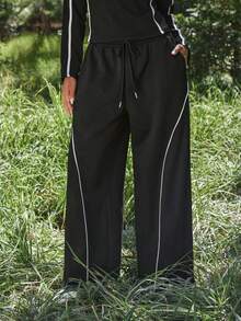 Levarali Legging Olahraga Kasual Harian untuk Wanita Ukuran Plus dengan Motif Blok Warna dan Tali Serut di Pinggang, Cocok untuk Perjalanan dan Aktivitas Luar Ruangan. - Hitam - View 6