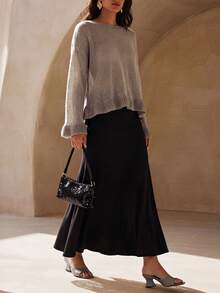 Zivah Autumn Casual Minimalist Solid Color Ruffle Hem Sweater Brunch Light Grey - Grey - View 3