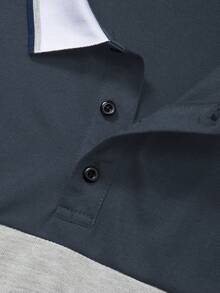 Manfinity Homme 大尺碼橫條紋藍白灰拼接羅紋拉鍊休閒 Polo 短袖襯衫 - 藍色 - 查看 5