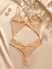 SHEIN Women's Lace Backless Halter Bodysuit For Going Out - Apricot - View 9