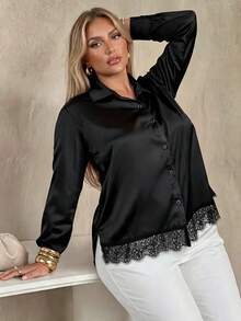 Auralis Plus Size Women's Solid Color Single-Breasted Casual Versatile Daily Wear Shirt Fall - Black - View 2