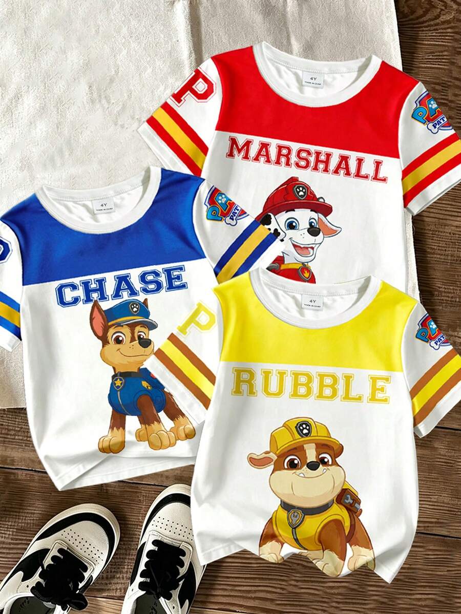 SHEIN | PAW Patrol Young Boy Archie 3件組三色對比印花短袖T恤,夏季休閒款 - 彩色 - 查看 1