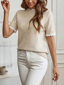 Louniche Elegant Apricot Crew Neck Lace Trim Patchwork Knit Short Sleeve Sweater, Suitable For Commute, Home, And Daily Wear, Spring/Summer - Apricot - View 4