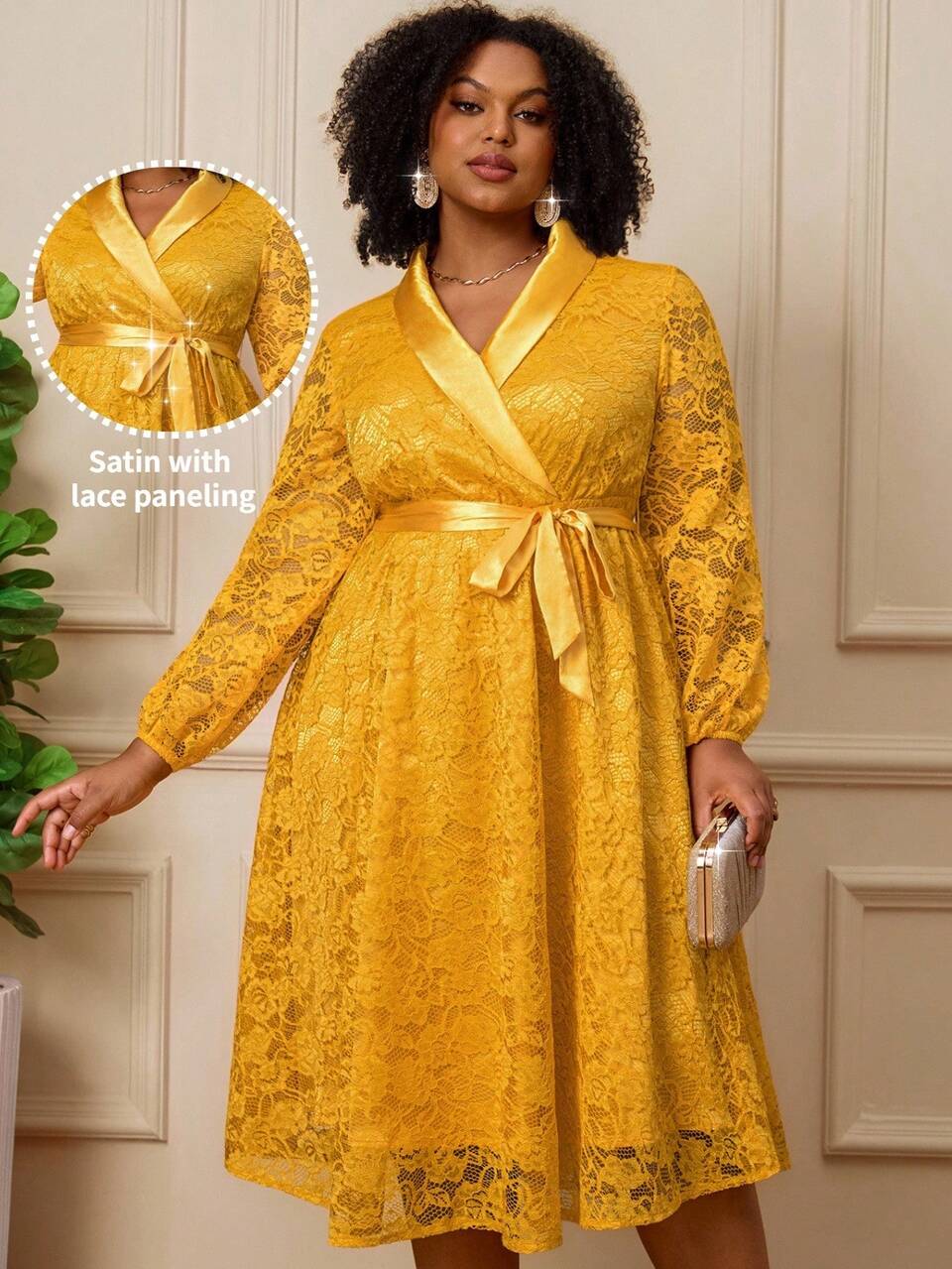 Plus Size Women's Lace Notched V-Neck Long Sleeve A-Line With Belt Elegant Evening Formal Dates Party Wedding Soft Yellow 2026 Luxury Evening Dresses