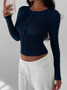Flirla Women's Casual Fitted Long Sleeve Cardigan Sweater - Navy Blue - View 5