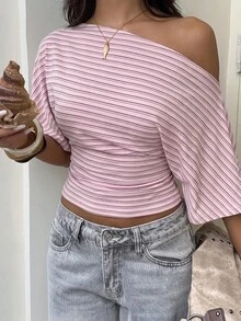 Aloruh Top holgado con hombro asimétrico y cintura fruncida, camiseta básica de rayas simple - Rosa - Ver 3
