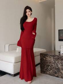 Modelyn 女士 U 领喇叭袖拼接鱼尾紧身优雅约会晚礼服 - 酒紅色 - 查看 6