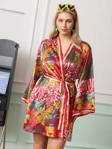 Chillnights Bata de satén de talla grande con estampado de rayas de contraste y patrón de tigre - Rojo - Ver 3