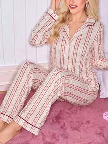 SHEIN Women's Cotton Two Pieces Printed Red And White Pajama Sets - Red - View 5